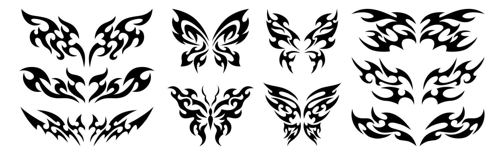Neo tribal y2k tattoo set. Neotribal gothic butterfly with wings, flame, heart shape, symmetrical abstract dividers. Cyber sigilism design elements. Celtic gothic body ornaments, emo stylized stickers vector