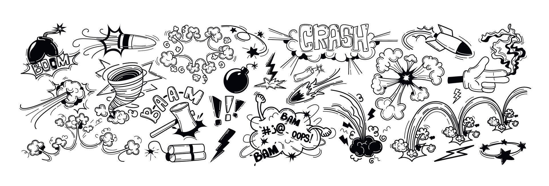 Doodle hand drawn bomb explosion with boom crash effect. Comic book clouds, sound blast with nuclear weapon, bullet, dynamite icons and exclamation mark stickers. Bursts with smoke, fume or fire flash vector