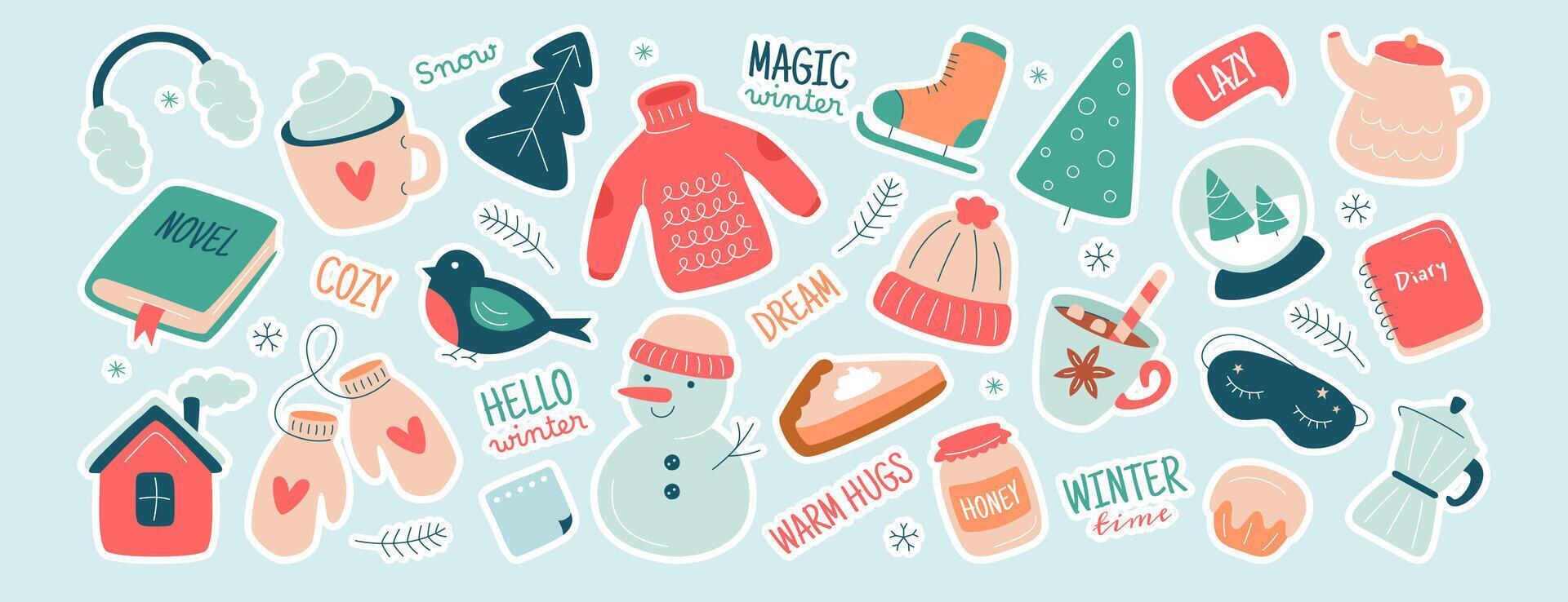 Christmas sticker set. Cute diary journal pack of clothes, ice skates, tree, hot drinks, sweets and winter quotes. Holiday planner stickers, daily labels or decoration icons for scrapbook or notebook vector