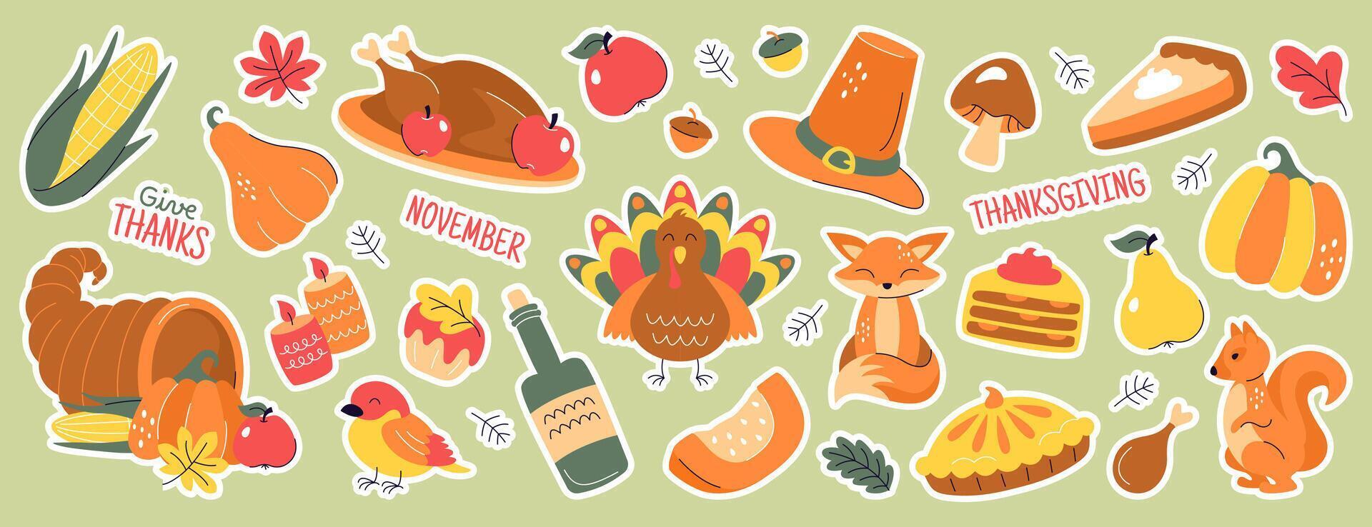 Holiday sticker set of thanksgiving day. doodle autumn elements with roast turkey, fall leaves, cornucopia, vegetables, animals, pumpkin, pilgrim hat, pie, wine, candles. Harvest festival icons vector