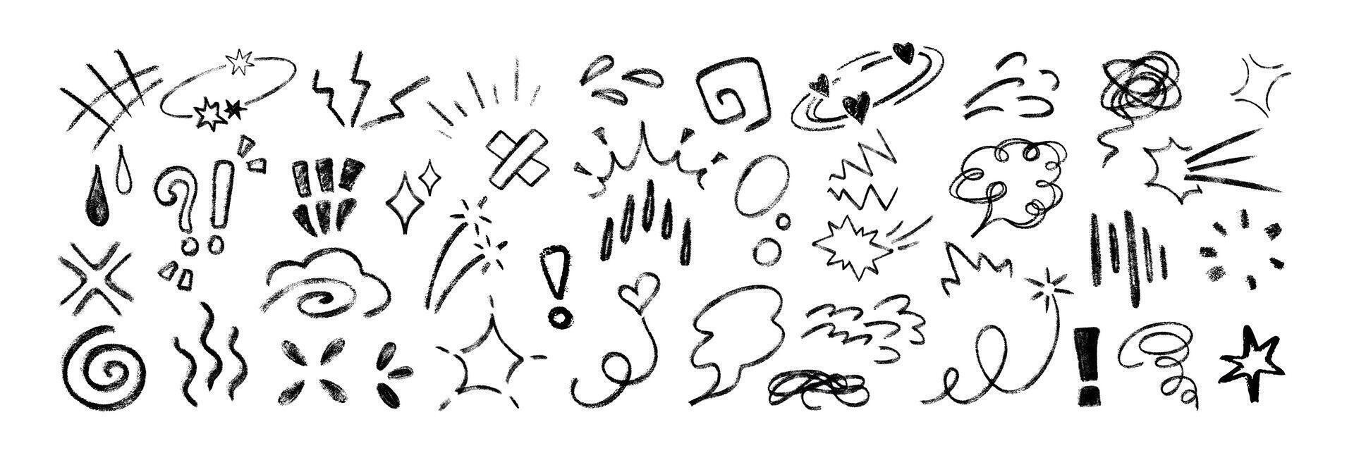Line movement element, anime emotion effect. Set of hand drawn doodle chalk pencil emphasis, charcoal expression signs, action lines or exclamation marks. Black crayon manga comic symbols of emoji. vector