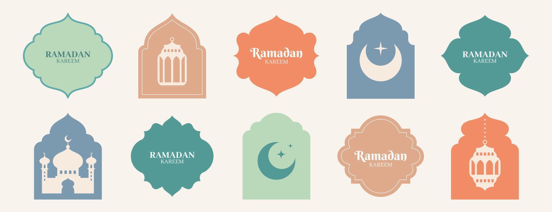 Set of islamic shape windows in oriental style. Old mosque doors, arabic frames or arabian arches silhouette. Muslim architecture geometric gate portal, moroccan minimal arcs and ramadan kareem font vector