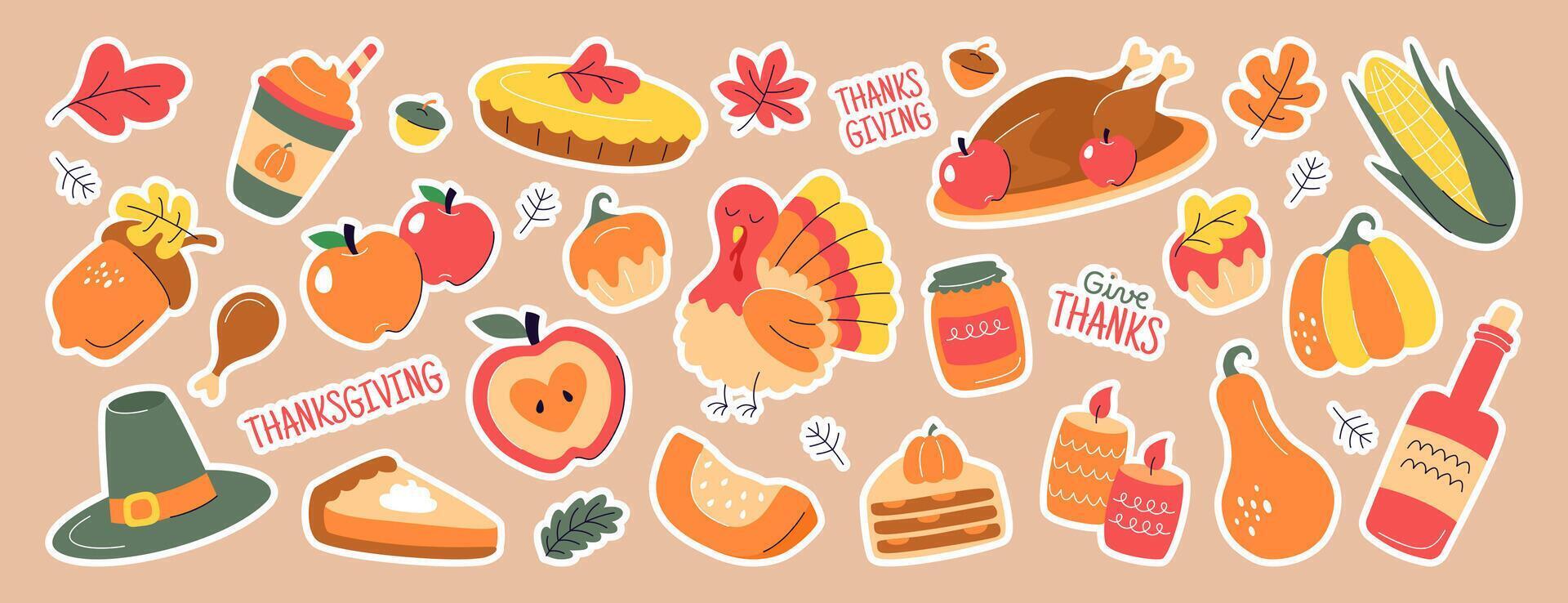 Holiday sticker set of happy thanksgiving day. doodle autumn elements with roast turkey, fall leaves, ear of corn, acorns, pumpkin, pilgrim hat, pie, wine and candles. Harvest festival icons. vector