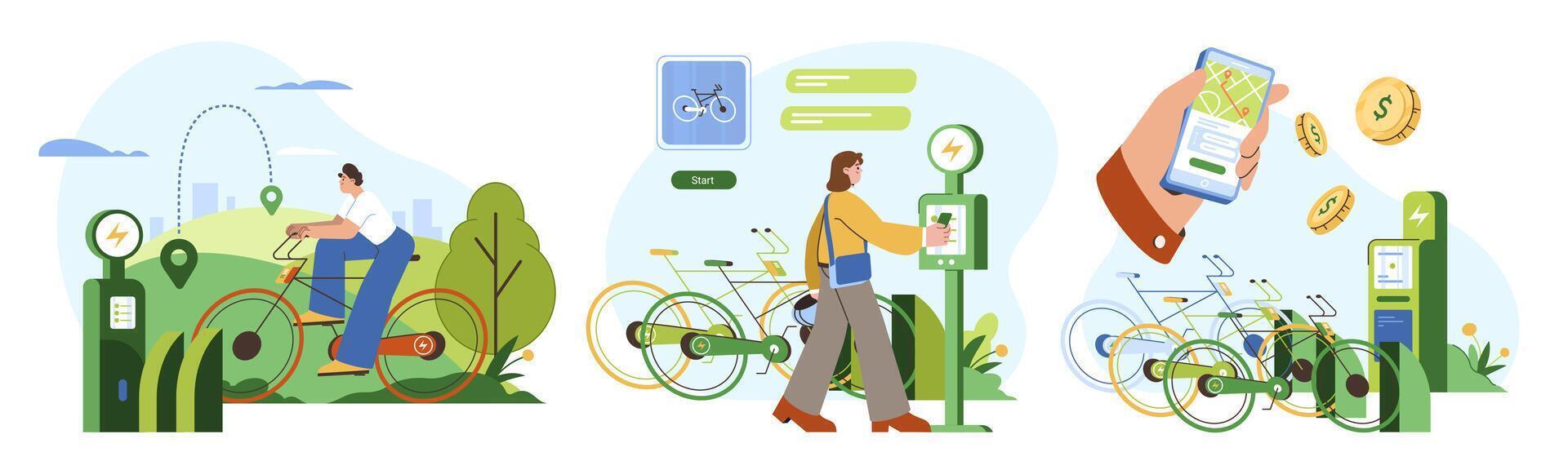 Eco friendly transport, bike sharing app. Sustainable transportation concept. Man at bicycle in park, woman using cycle rental services or return to the station. Flat young people cycling in the city vector