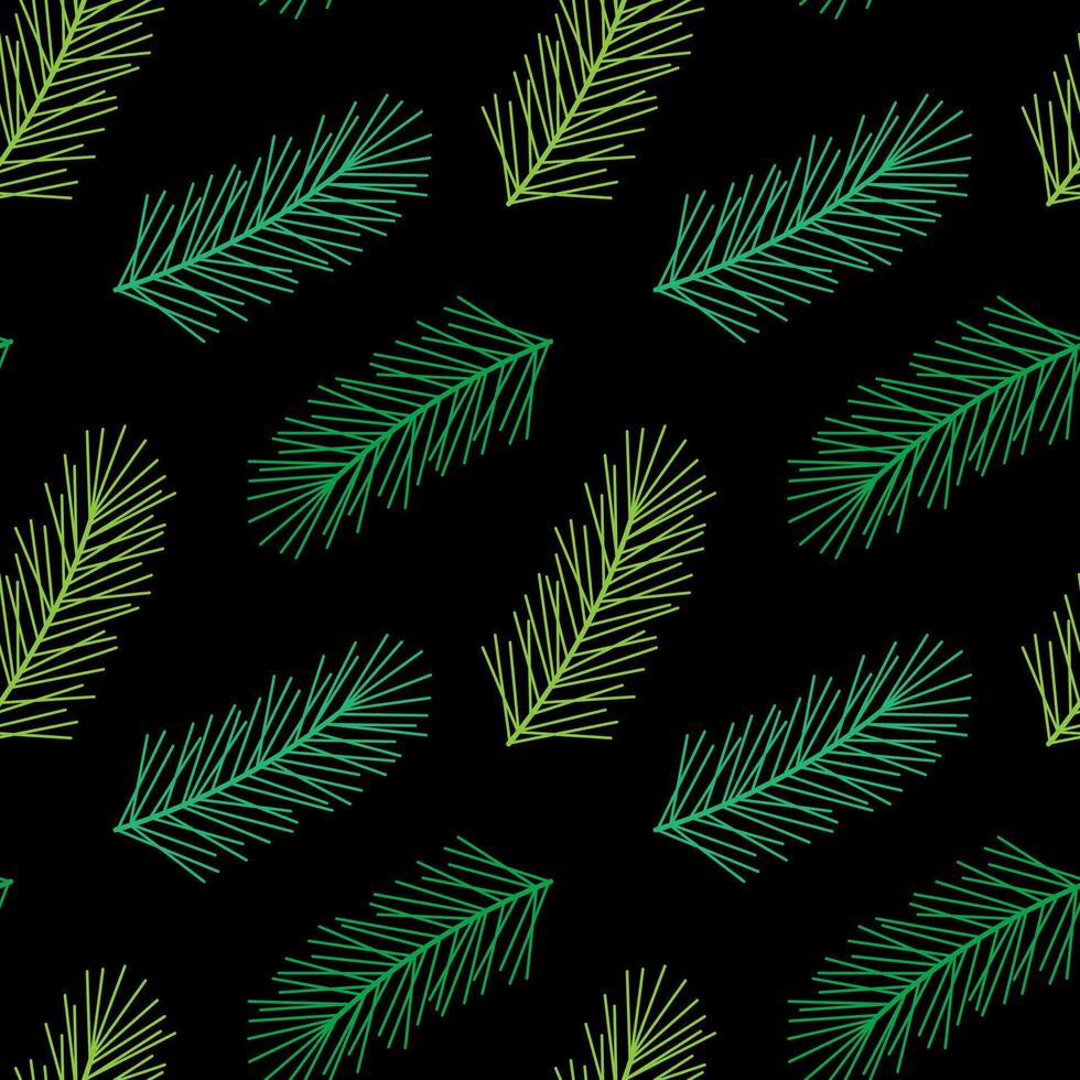 Seamless pattern with fir and pine green twigs. Linear illustration of coniferous branch. Dark spruce background. vector