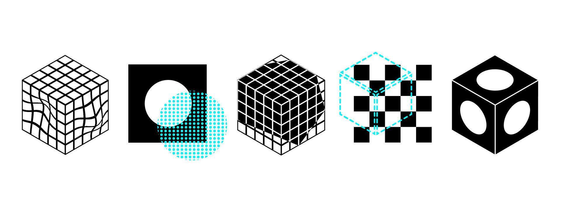 Abstract futuristic set of geometric shapes, distortions and meshes. Illustration of cube, circle and square. Dotted and perspective grid objects. Warped and perspective different elements. vector