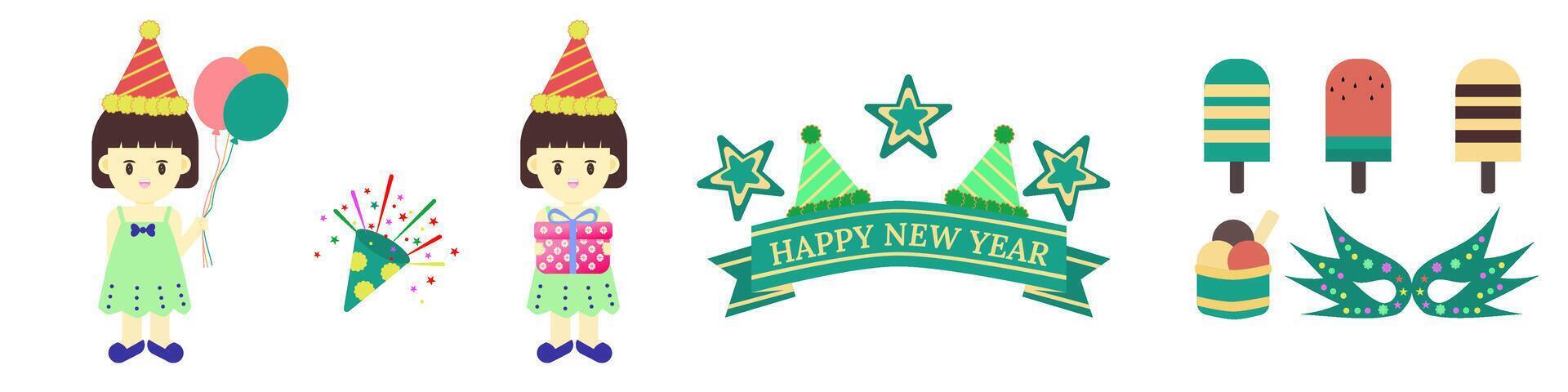 Element set Happy New Year ,cute girls holding balloon and holding gift box, vector