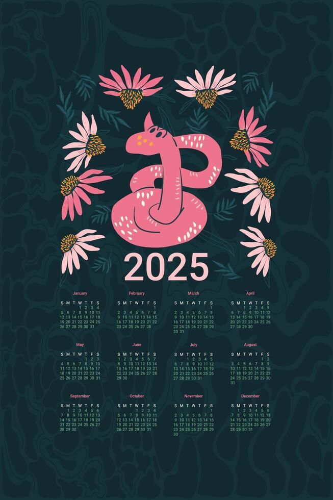 2025 Calendar with cute snake and flowers. Vertical banner with symbol of the year and coneflowers print. dark flat illustration vector