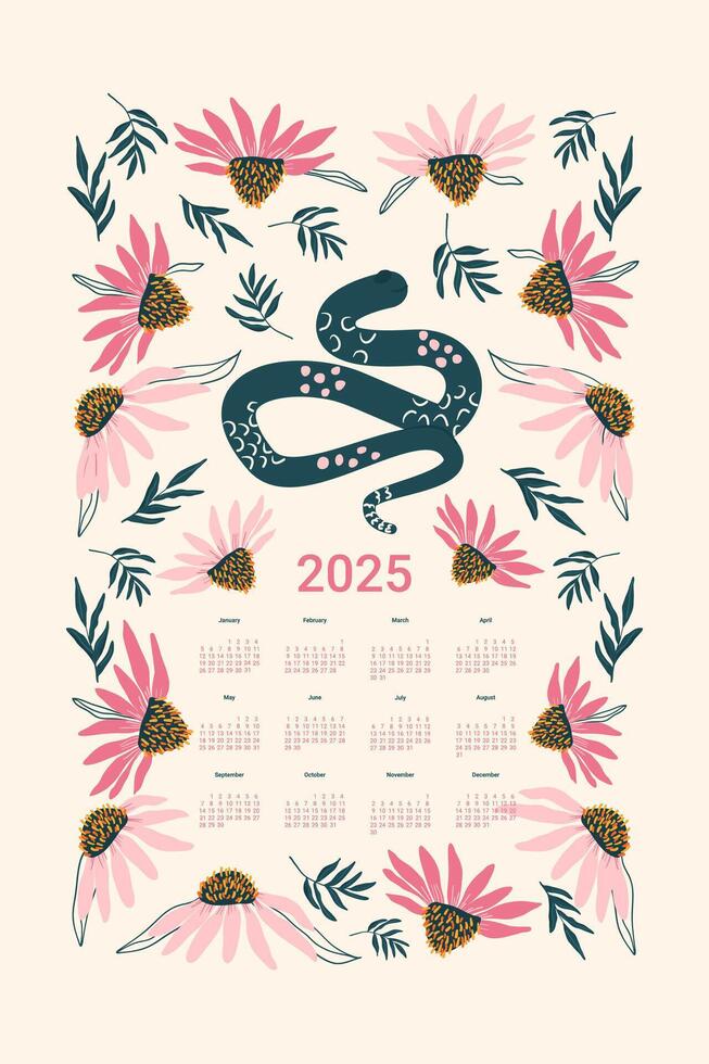 2025 Calendar with snake and flowers. Vertical banner with month, weeks and dates template. Symbol of the year and coneflowers print. flat illustration vector