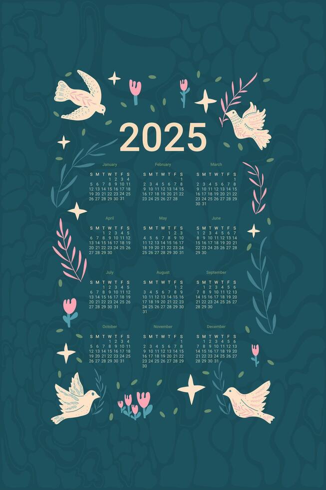 2025 Calendar. Vertical banner template with doves. flat illustration vector