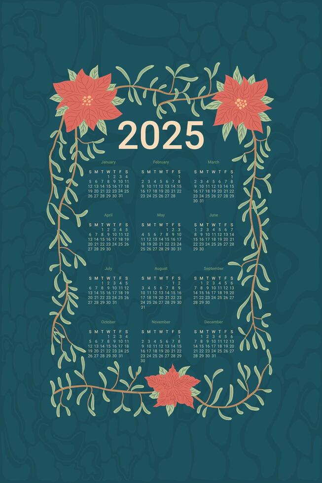 2025 Calendar with poinsettia flowers. Vertical banner planer template. flat illustration vector