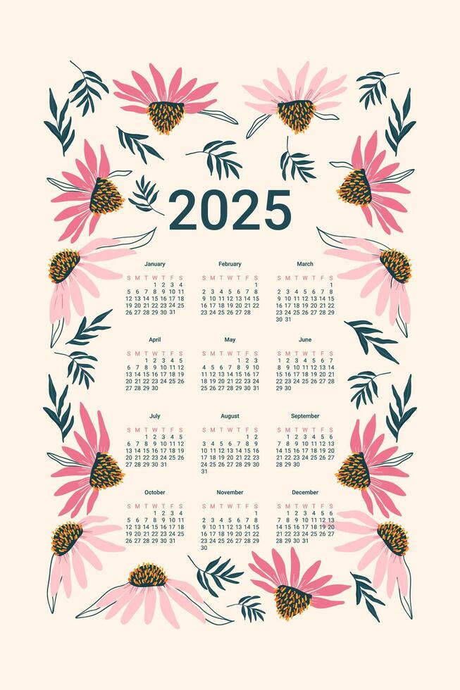 2025 Calendar with coneflowers. Vertical banner with month, weeks and dates template. flat illustration vector