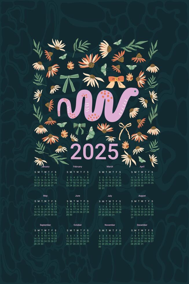 2025 Calendar with cute snake and daisy flowers. Vertical banner with symbol of the year and coneflowers print. dark flat illustration vector