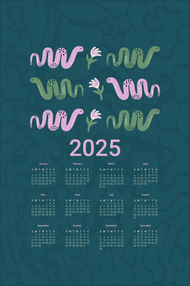 2025 Calendar with cute snakes. Vertical banner print. dark flat illustration vector