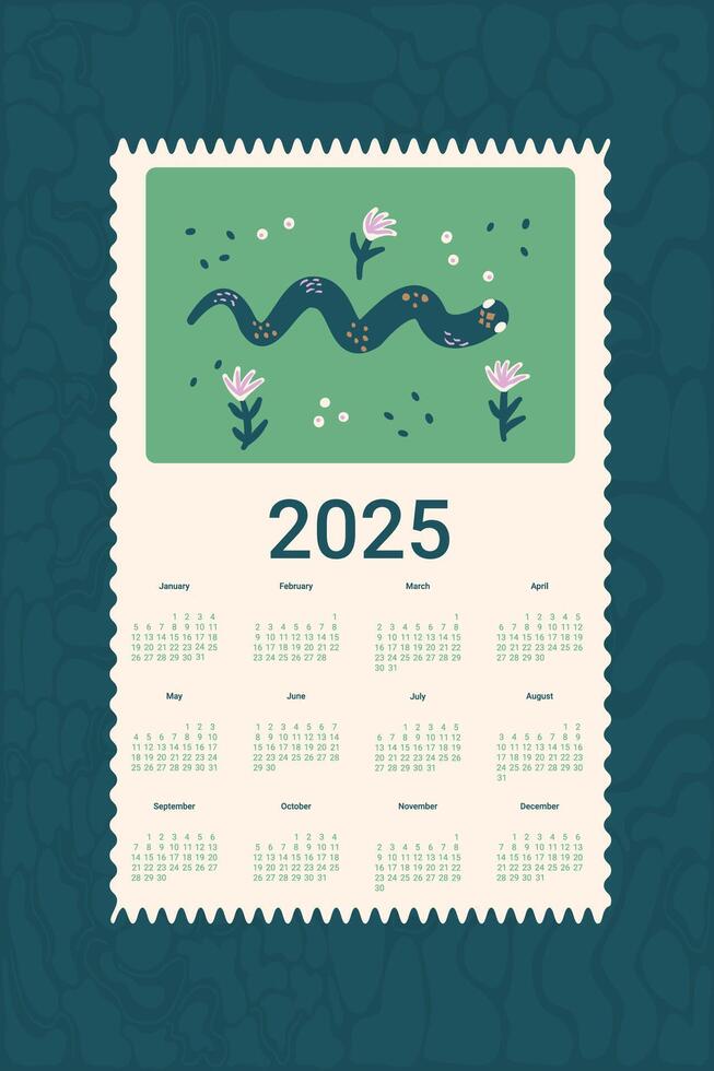 2025 Calendar with cute snake and flowers. Vertical banner organizer print. flat illustration vector