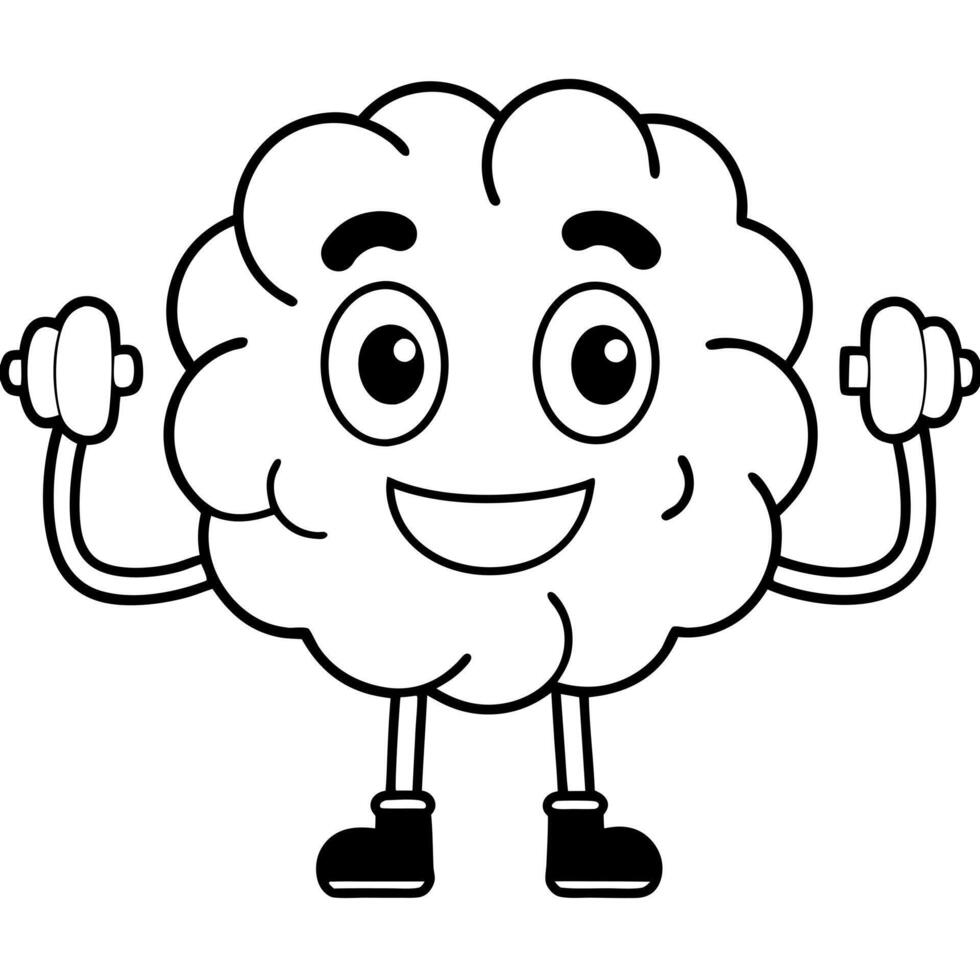 cerebro con ojos y sonrisa, haciendo pesas con dos brazos, illustration line art vector