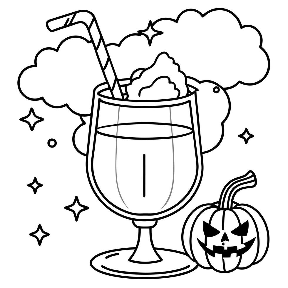 mysterious pumpkin orange cocktail for halloween in a glass with pumpkin jack and mystical fog in vector