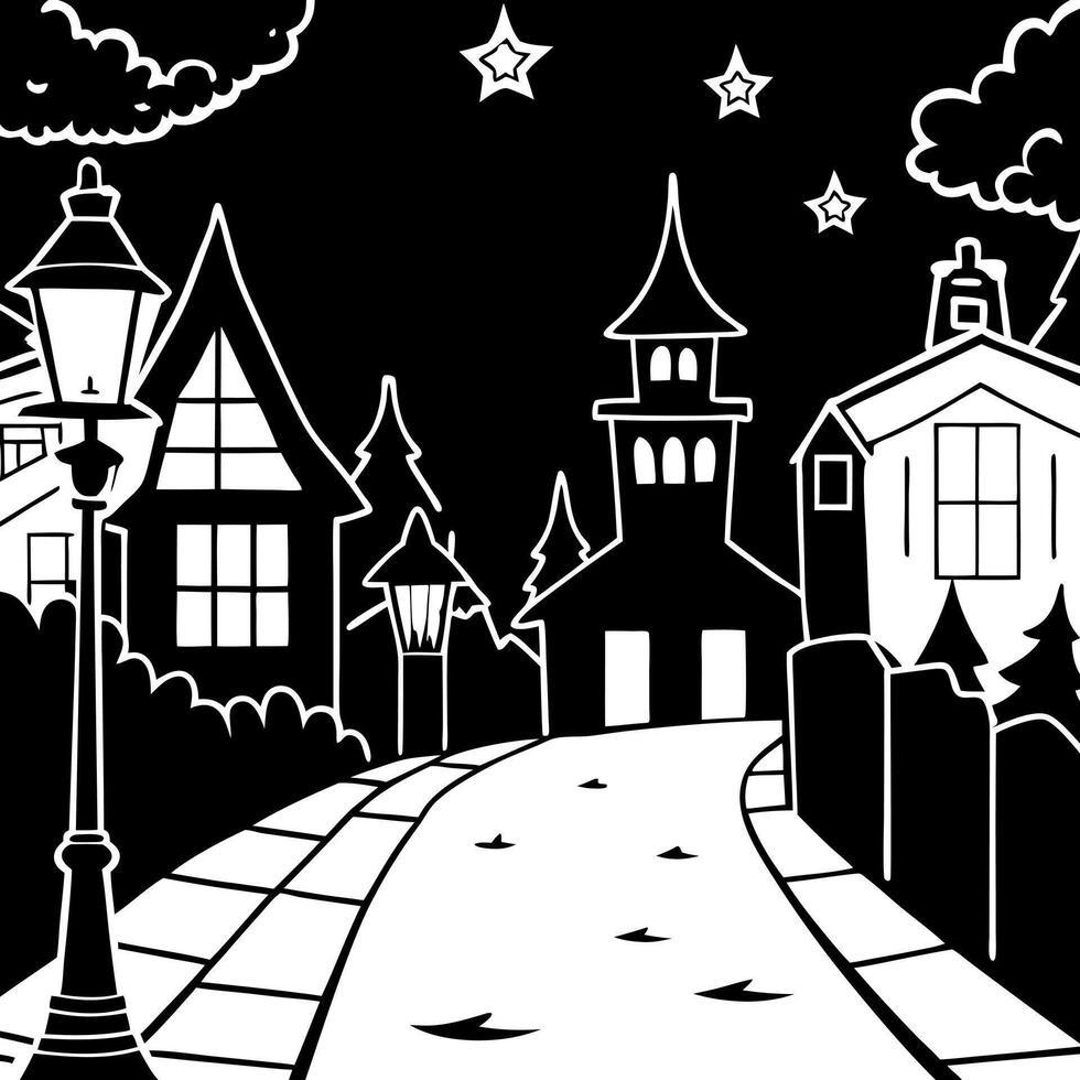mysterious dark street in a foggy night halloween background, illustration line art vector