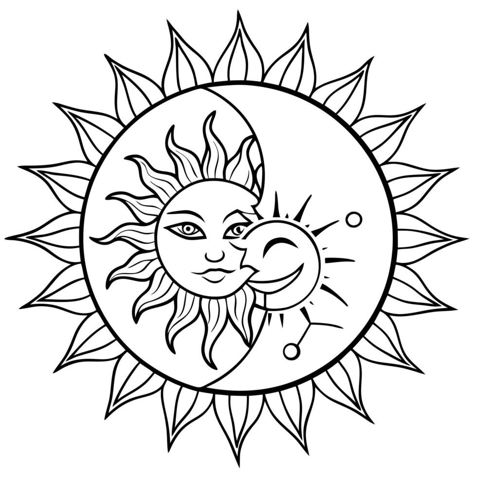 el sol y la luna sean el ying y el yang, illustration line art vector