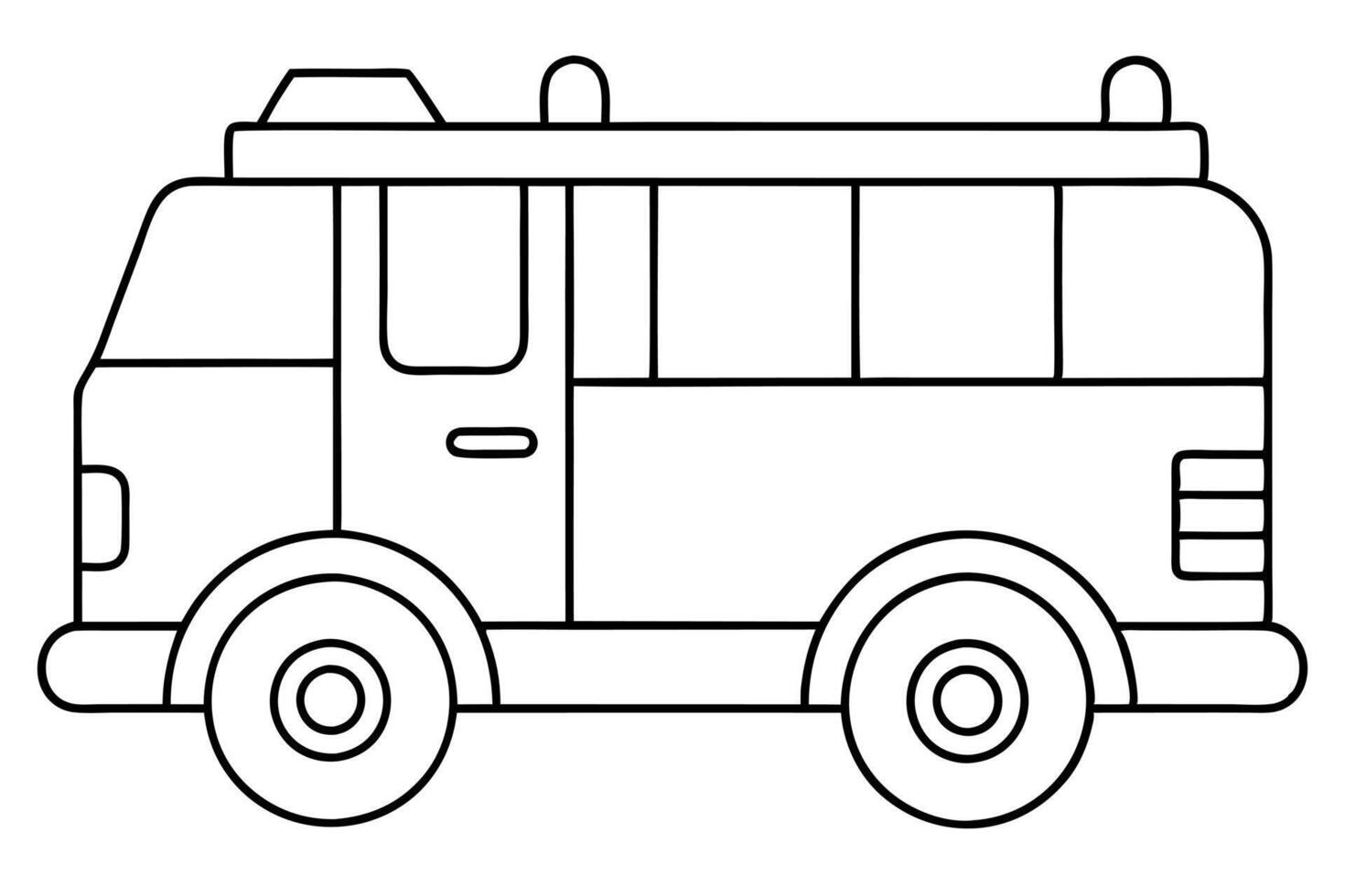 black and white fire engine in cartoon style for kids rescue truck in outline for coloring doodle vector