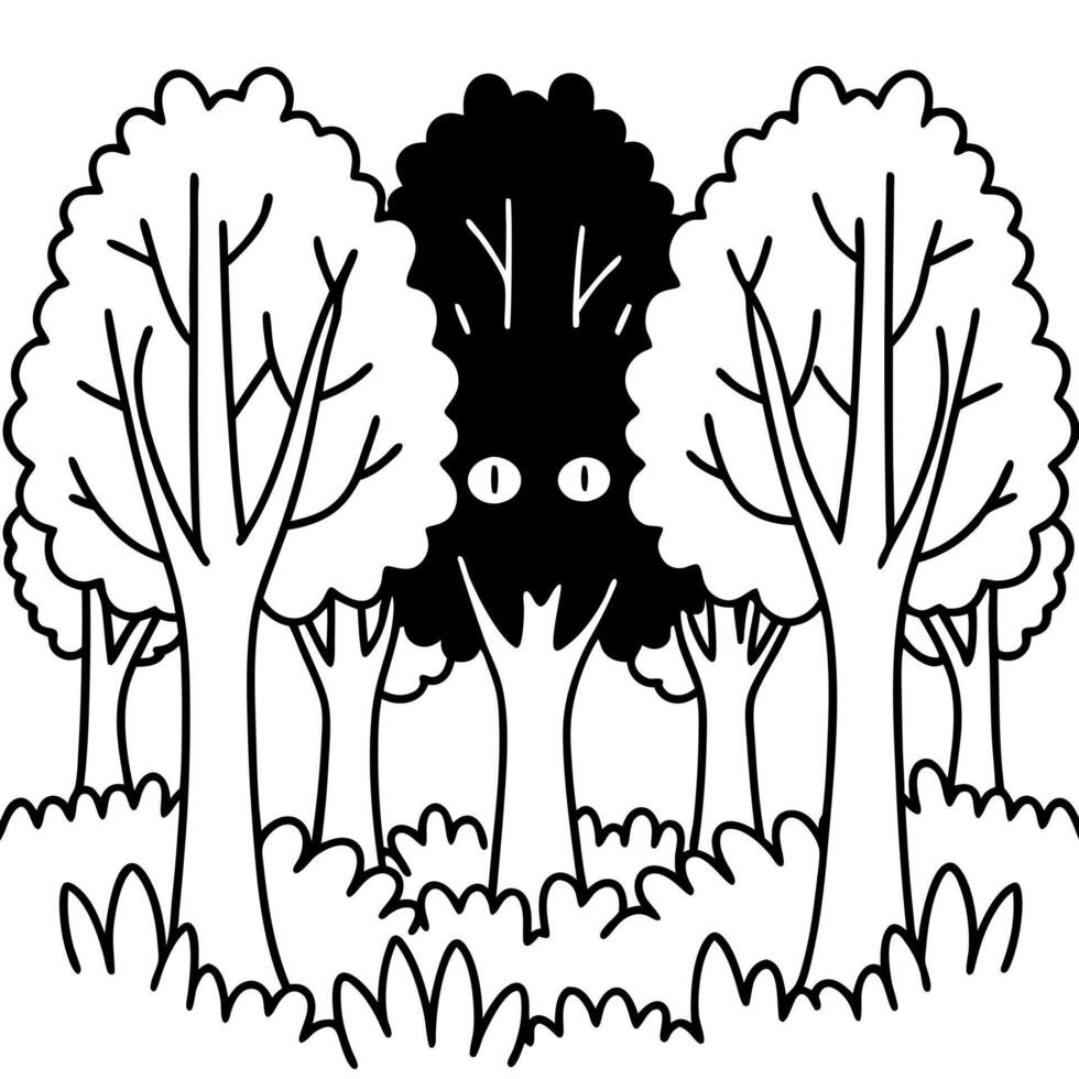 haunted forest an enchanted but slightly spooky forest with glowing eyes peeking from behind trees, vector