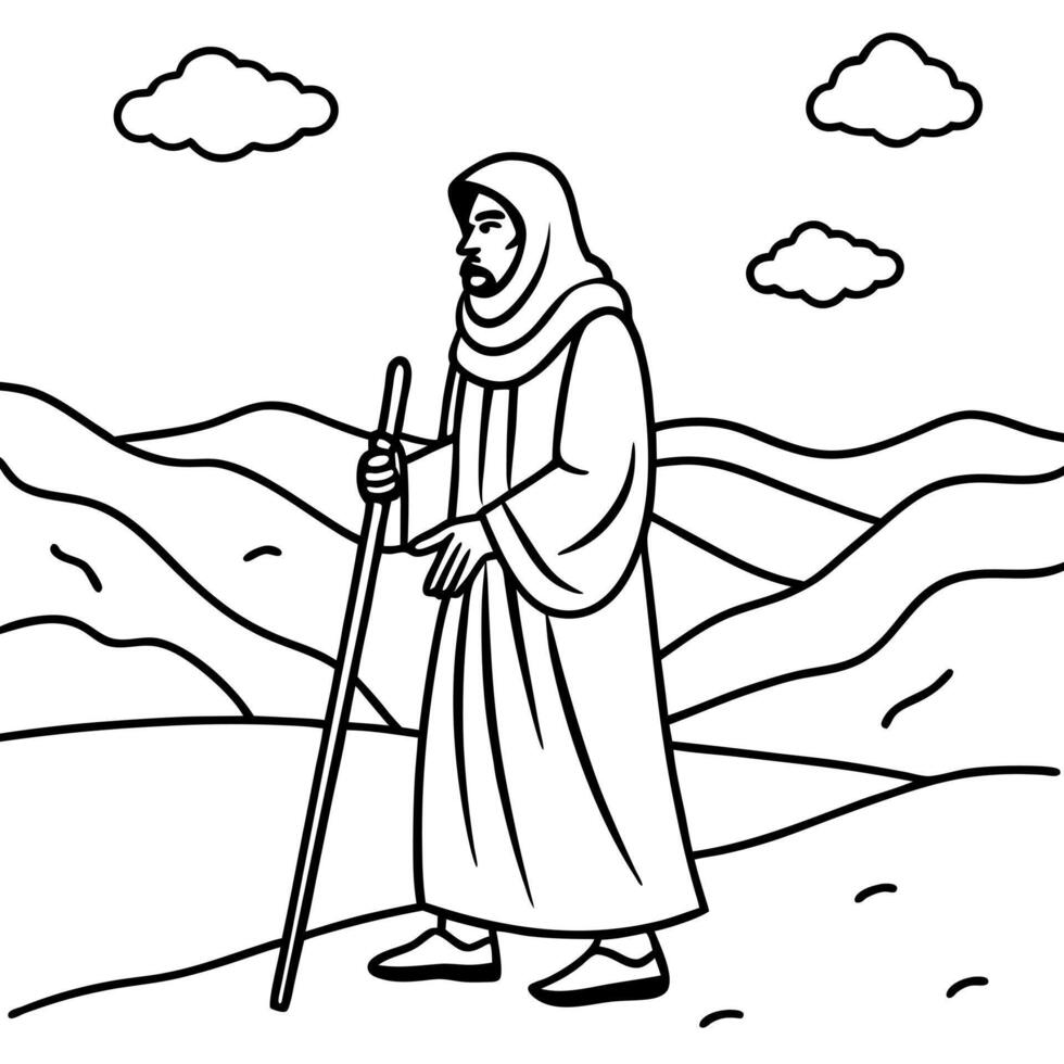 person in robe with cane in misty desert against dark sky, illustration line art vector