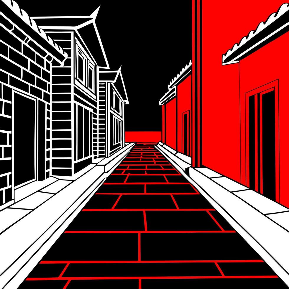 mystical empty red lights street in spooky ancient town 3d art illustration scary alley of oldtown vector