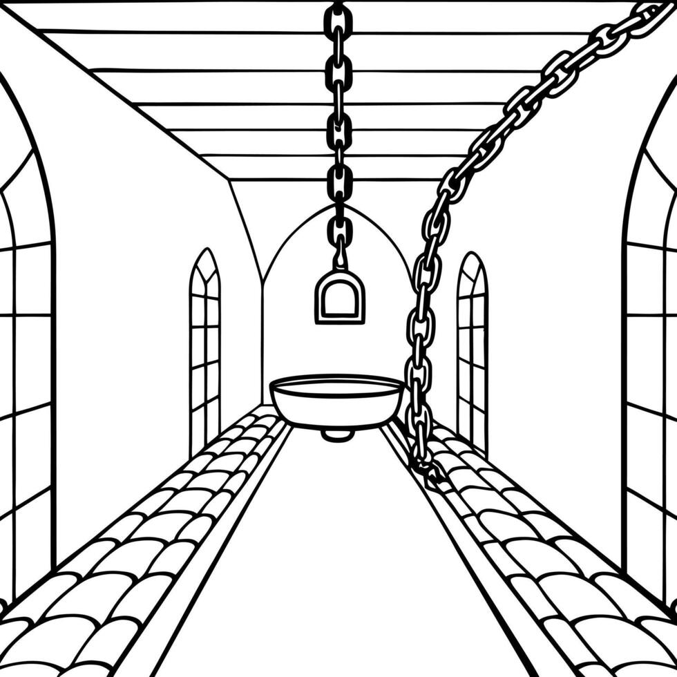 a dimly lit hallway with a chain hanging from the ceiling photorealistic ai cellar with chains and vector