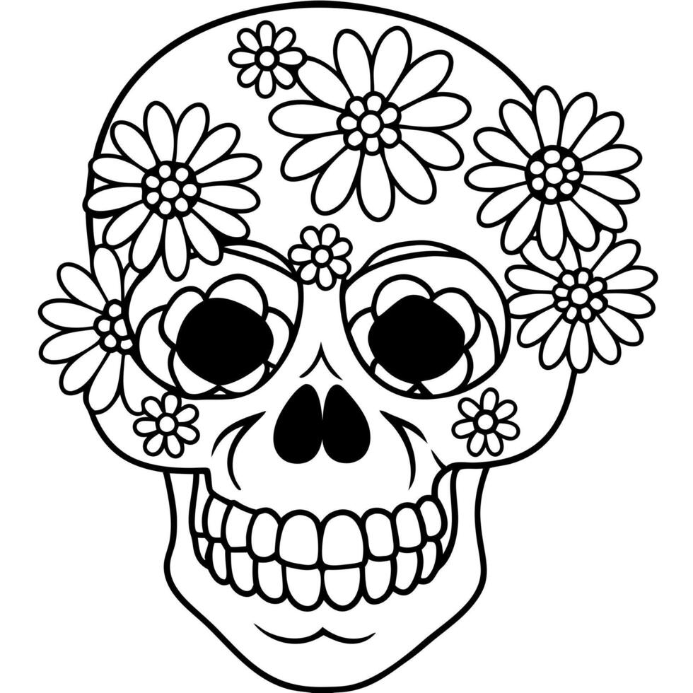 scary halloween skull decorated with many flowers, illustration line art vector