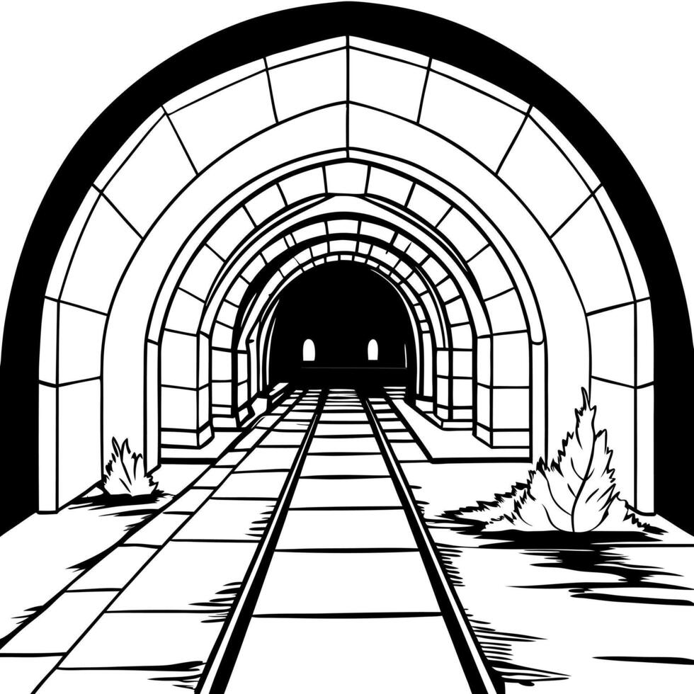 old urban underground tunnel, abandoned dark scary passage like sewer, illustration line art vector