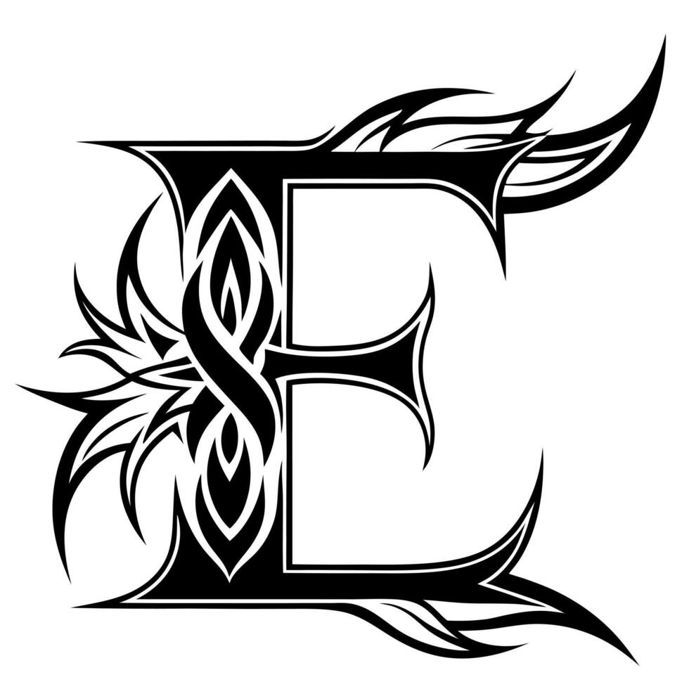 the letter e in the style of a tribal tattoo, illustration line art vector
