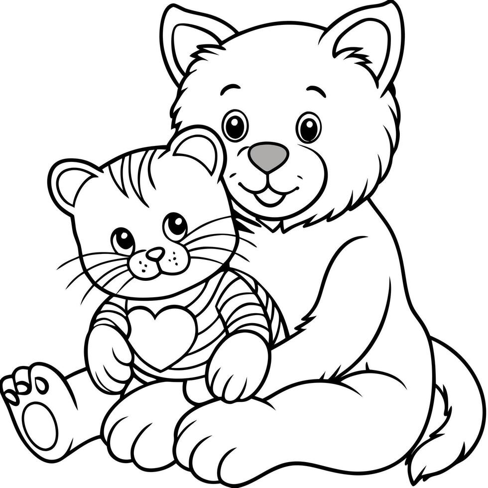 a teddy bear cuddling with a kitten, illustration line art vector