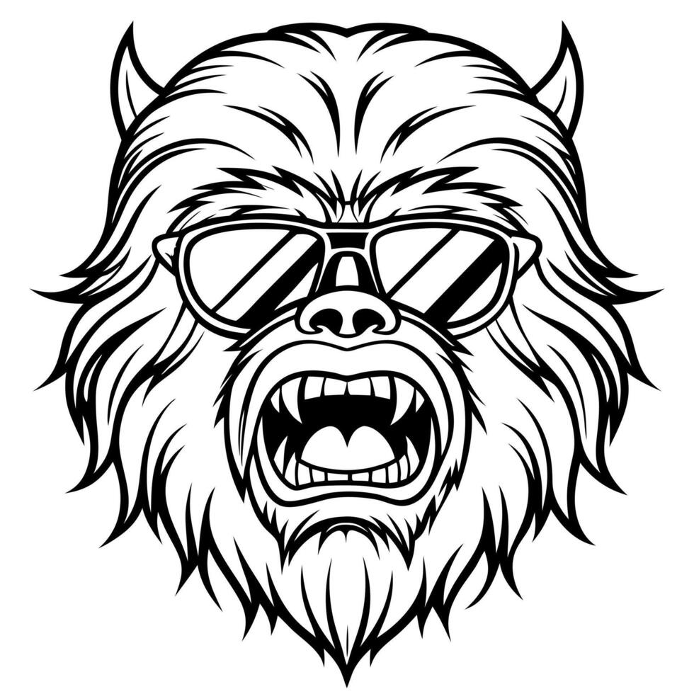 very angry chewbacca wearing aviators logo sharp fangs, illustration line art vector