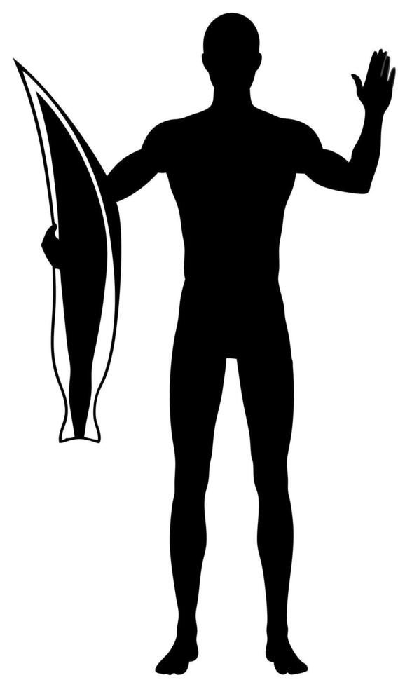 a silhouette of a body boarder holding one hand up, and the other hand by his side holding a pair vector