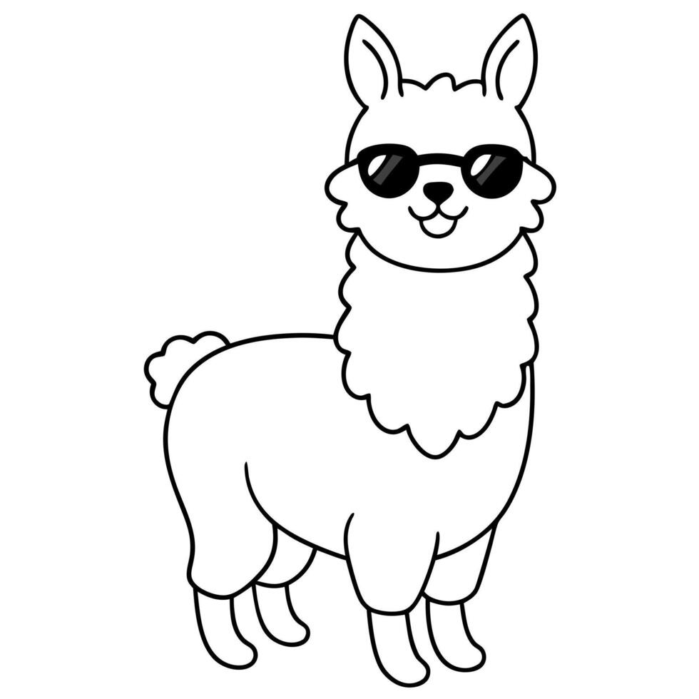 a cute cartoon coloring page llama wearing sunglasses and smiling, illustration line art vector