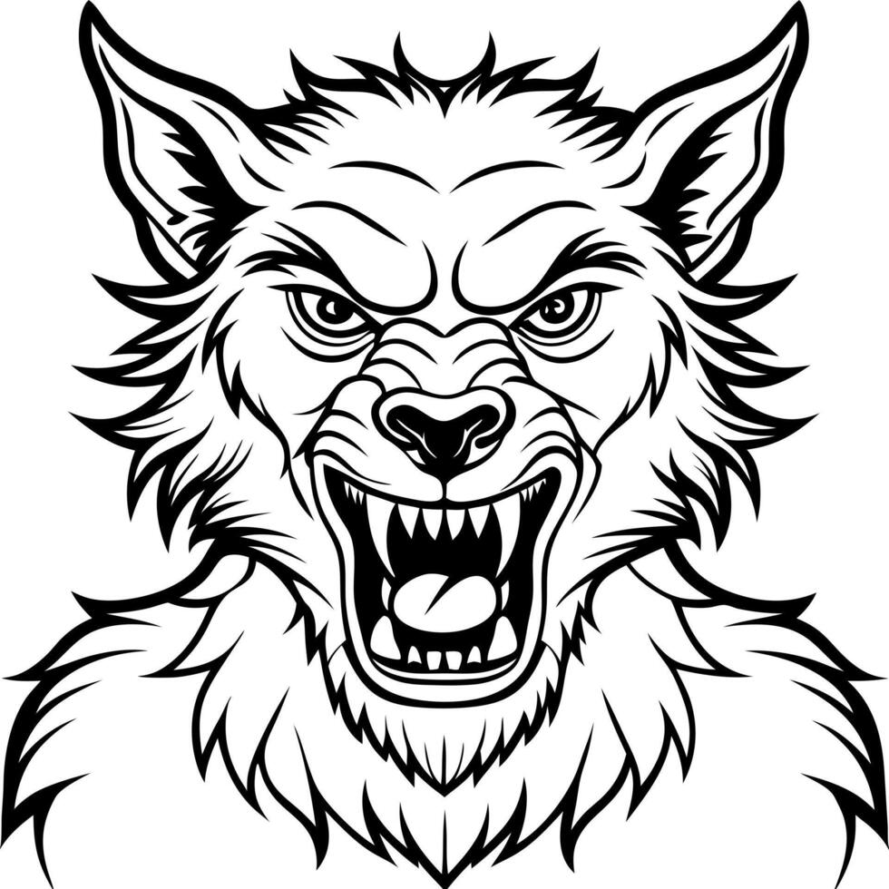 monster werewolf closeup black fur and sharp fangs, illustration line art vector