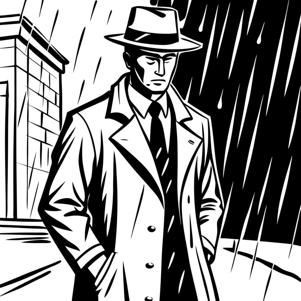 noir style male detective coat hat rain night street silhouette, illustration line art vector