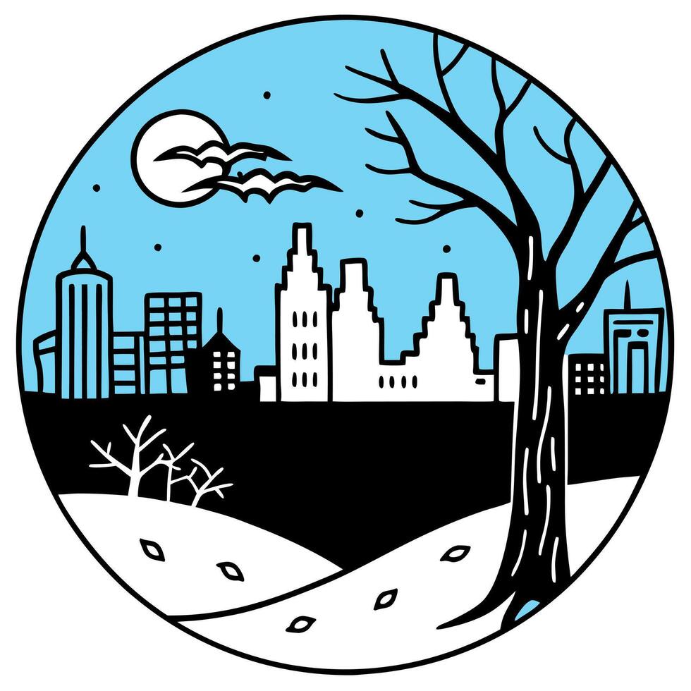 moonlit wood and city scene halloween background, in the style of light black and sky-blue, vector