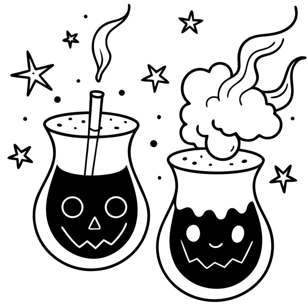 petrifying potion cocktails with dry ice smoke halloween mood background, illustration line vector