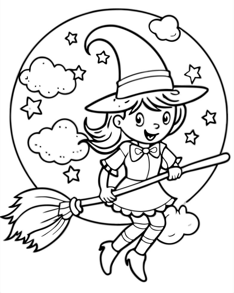 a cute witch flying on a broomstick over a moonlit sky, illustration line art vector