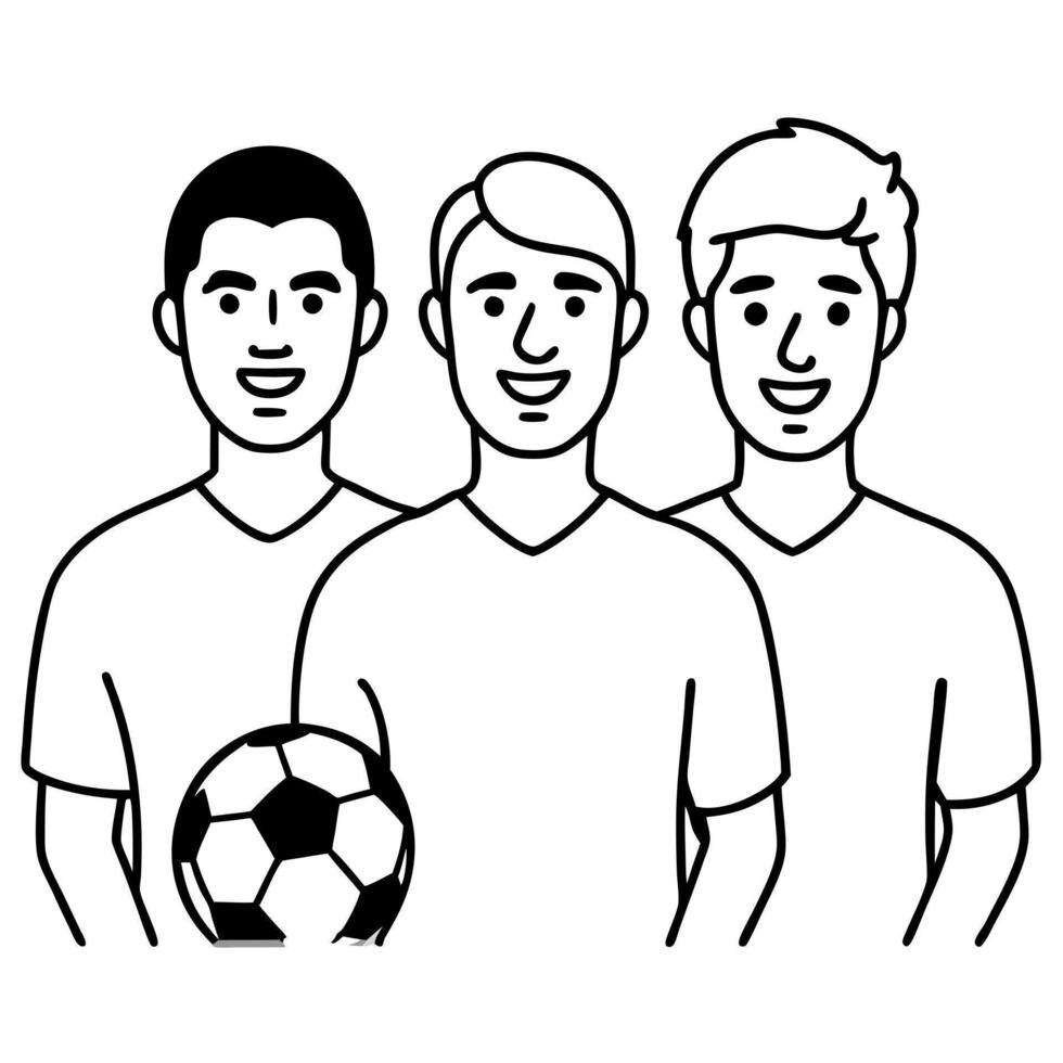 a team of male soccer players smiling, one of them is holding a football, illustration line vector