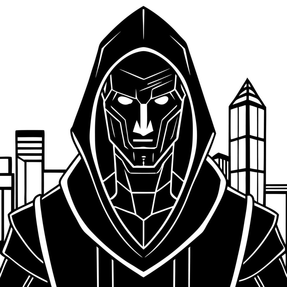 cyberpunk dark hooded character in the city, neural network art, illustration line art vector