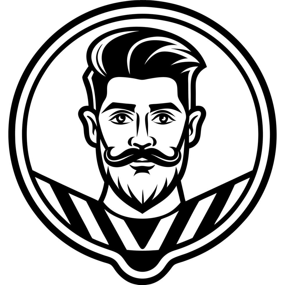 black and white barber shop logo with black thick outline and white background in old school style, vector