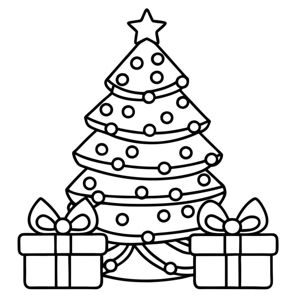 a simple line illustration a cute christmas tree decorated with five gifts stacked with bows under vector