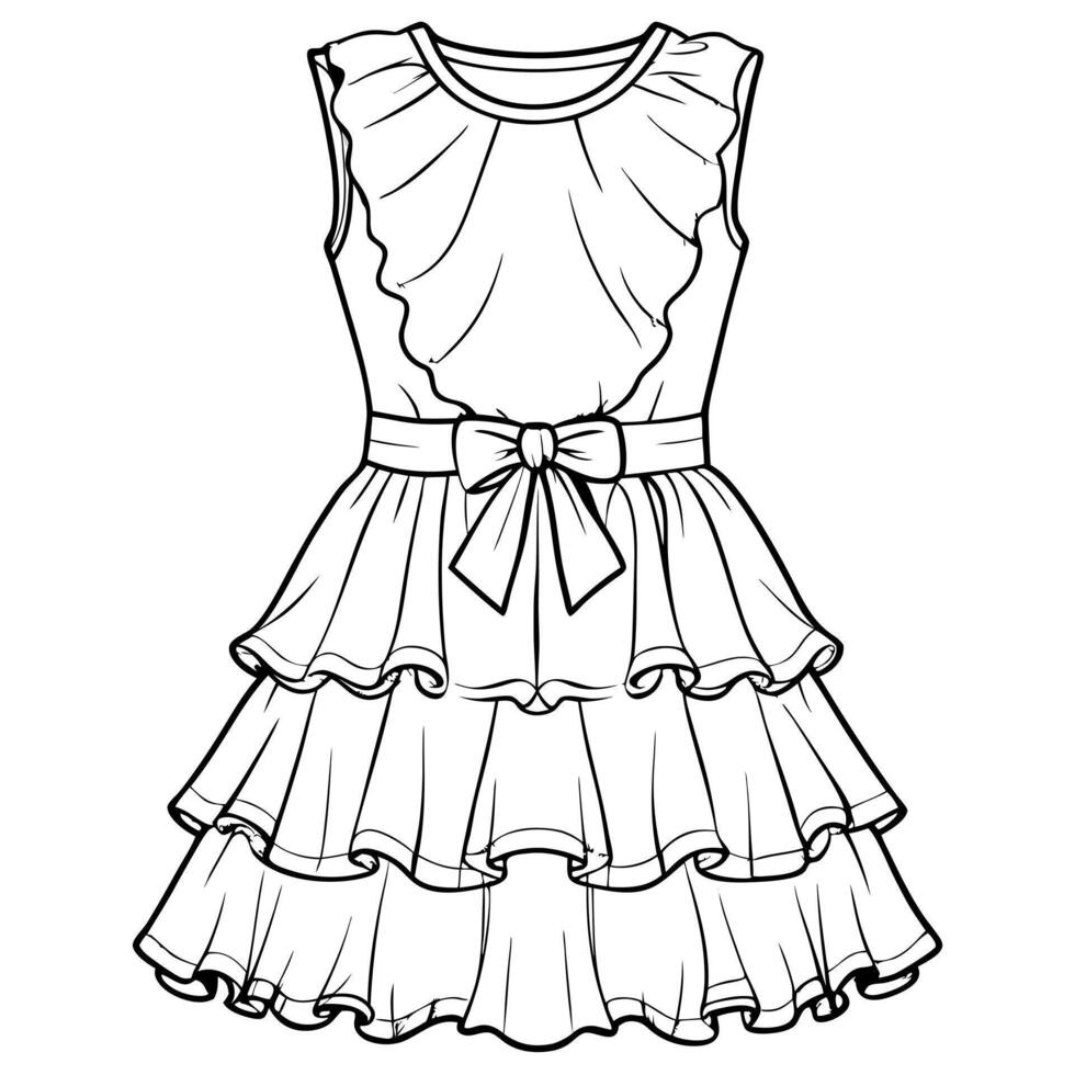 ruffle hem dress design, smooth line, , white background, illustration line art vector