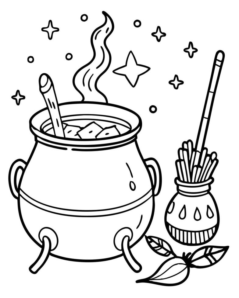 a magical cauldron bubbling with potions and a witchs broom next to it, illustration line vector