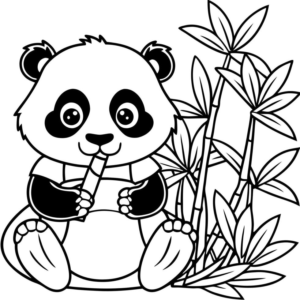 a baby panda eating bamboo in a forest, illustration line art vector
