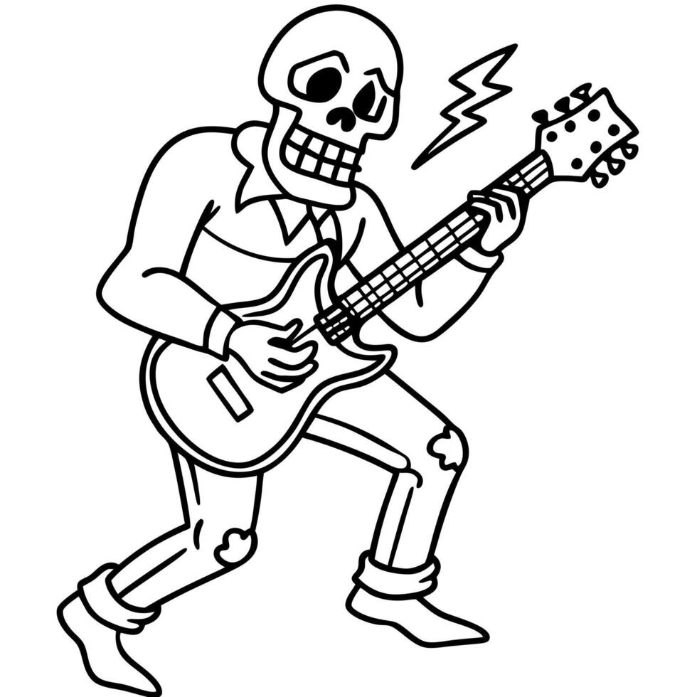 illustration of a skeleton playing an electric rock guitar, illustration line art vector