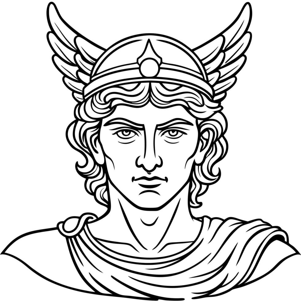 detailed hermes greek god wearing his winged helmet, illustration line art vector