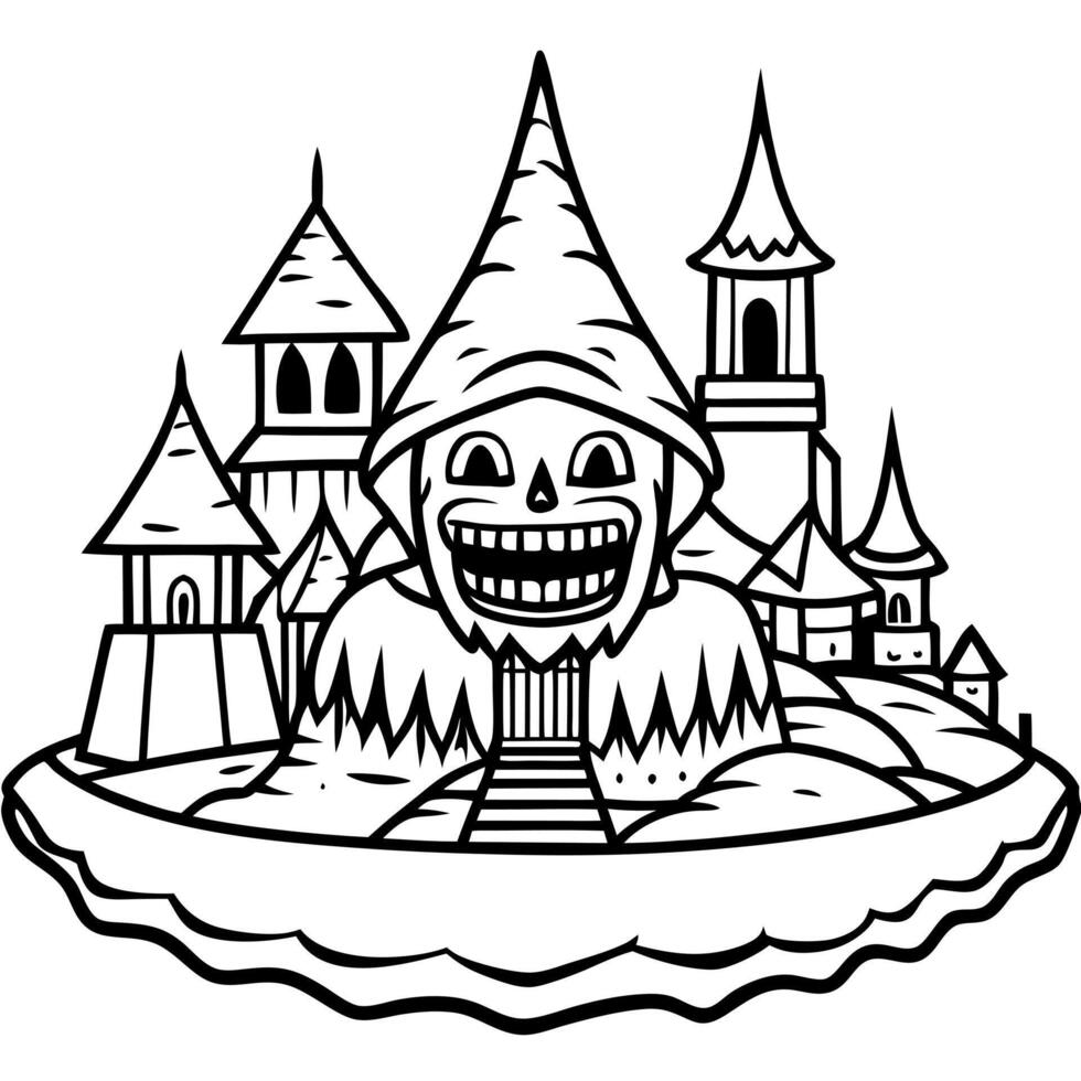 creepy and spooky fantasy village, concept art, illustration line art vector